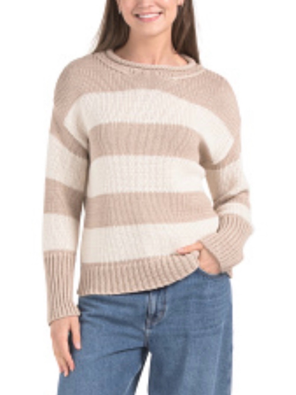 NWT Elie Tahari cotton roll-neck sweater in beige and ivory stripes. Size S.
